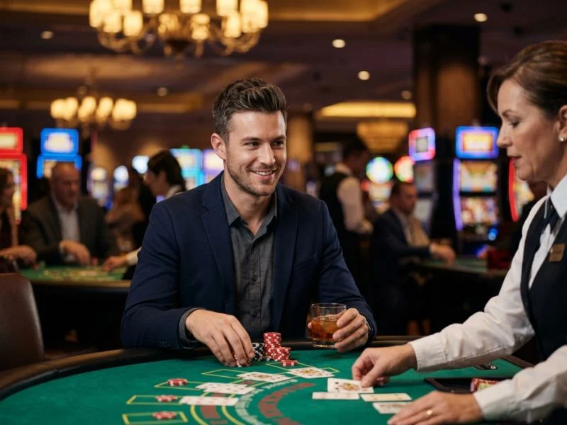 Confident man smiling while playing at a glamorous casino table, exploring games that can earn money through GCash.