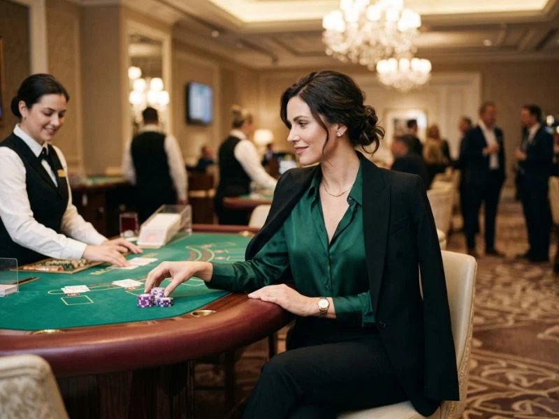 Elegant woman enjoying a luxurious casino evening while exploring games that can earn money through GCash.