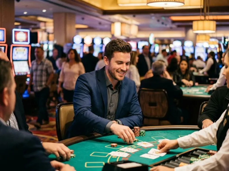 Handsome man enjoying a luxury casino night while exploring games that can earn money through GCash.