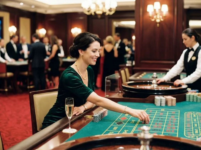 Beautiful woman enjoying GCash games earn money in an elegant casino setting.