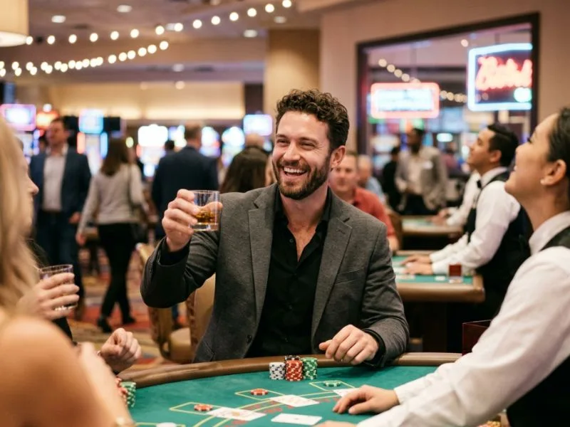 gcash games earn money player smiling while enjoying exciting casino games during a fun night out.