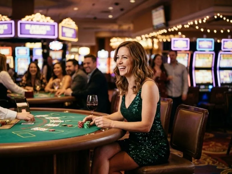 luck789 online casino login guest smiling in a welcoming and stylish casino environment.