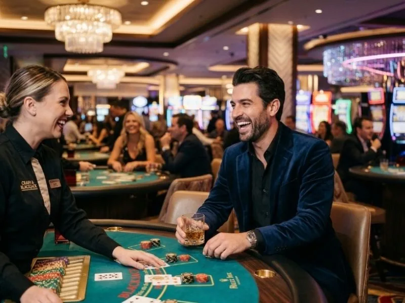 milyon88 online casino guest enjoying the energy of a modern casino with a joyful smile.