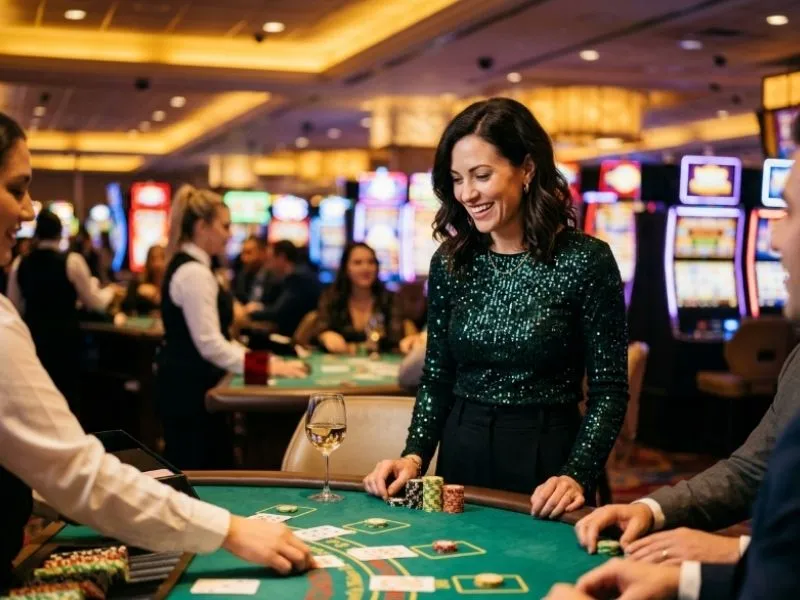 nustar online casino guest enjoying a vibrant and elegant casino atmosphere with a cheerful smile.