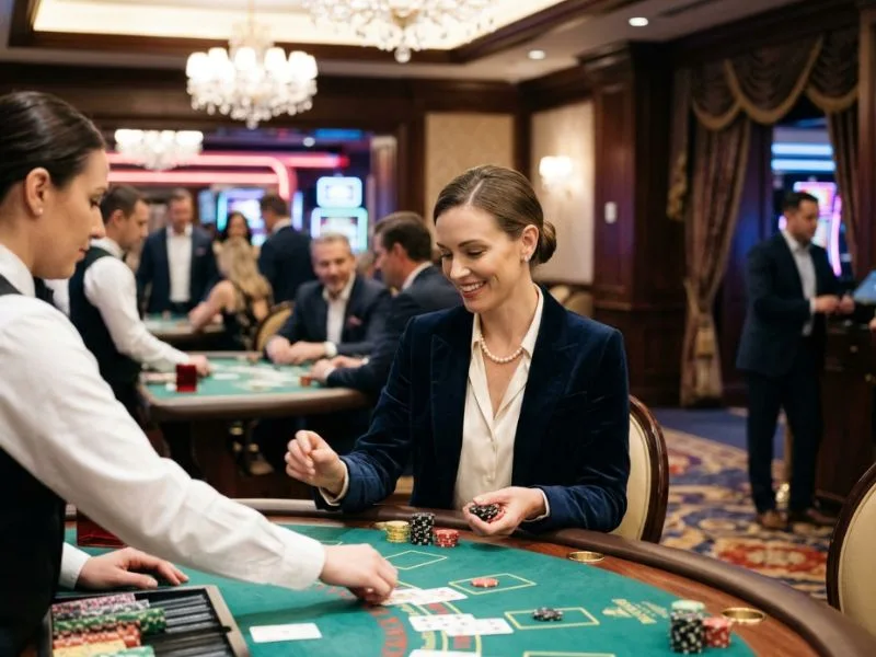 PAGCOR accredited online casino player embracing the glamour of an exciting casino evening.
