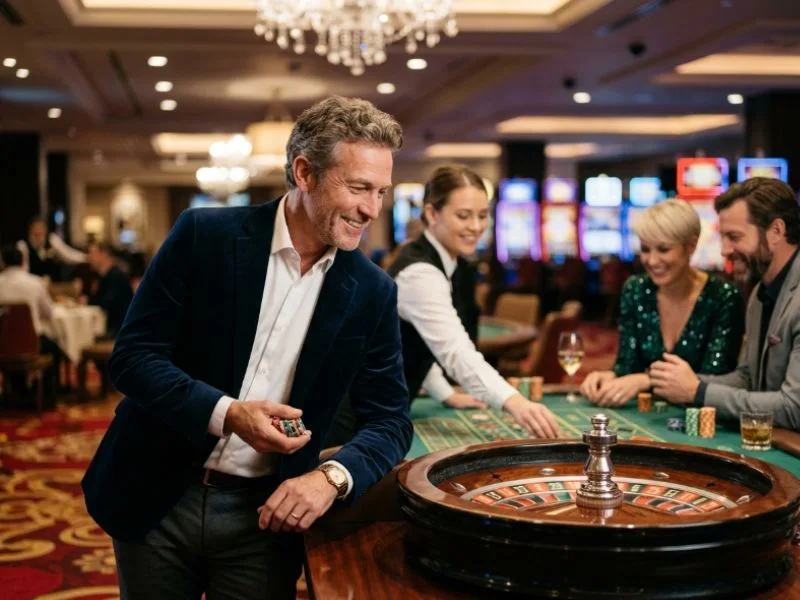PAGCOR online casino GCash player enjoying an entertaining evening at a stylish casino.