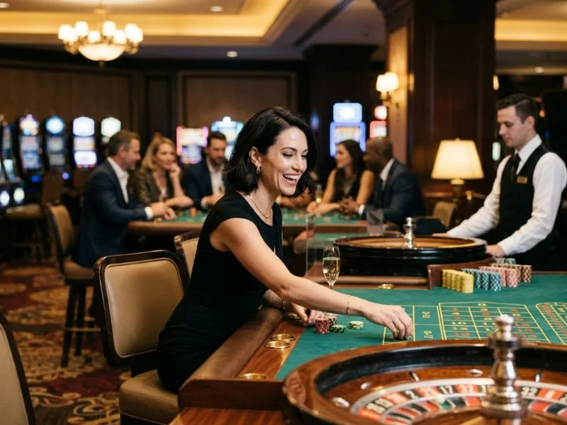 PAGCOR online gaming license player enjoying the lively atmosphere of an upscale casino floor.