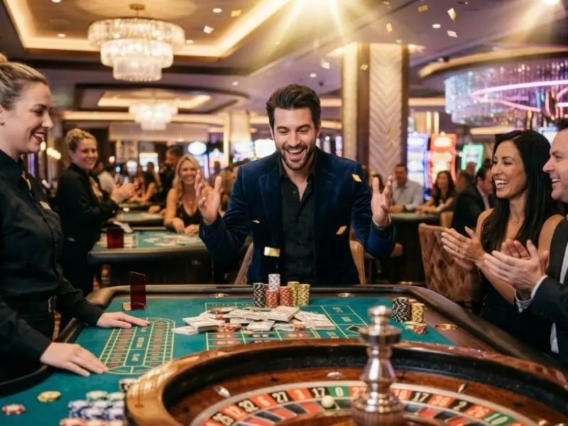pagtaya online guest enjoying the beauty of a grand casino interior with a joyful smile.