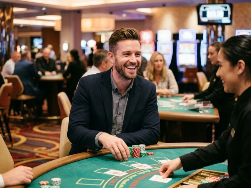Charming man enjoying Scatter Game GCash in a modern casino environment.