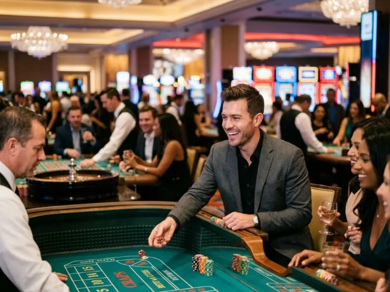 Elegant man enjoying Scatter Game GCash in a relaxing casino setting.