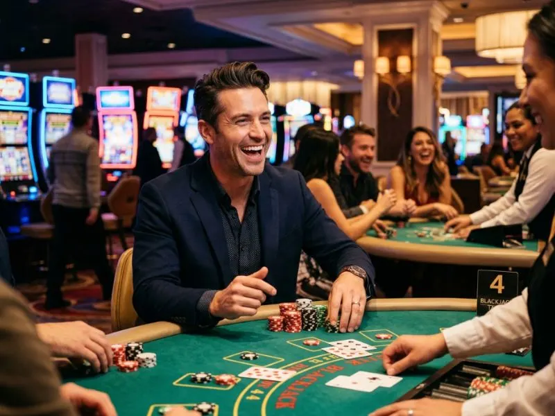 Handsome man in a sharp suit playing Scatter Game GCash at an upscale casino.