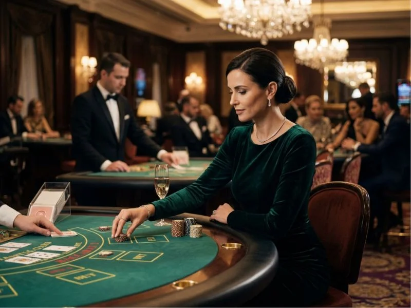 Sophisticated lady enjoying Scatter Game GCash in a luxurious casino resort.