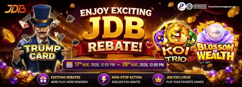 ApexGaming JDB rebate promotion featuring Trump Card, Koi Trio, and Blossom Wealth games with exciting rebate offers