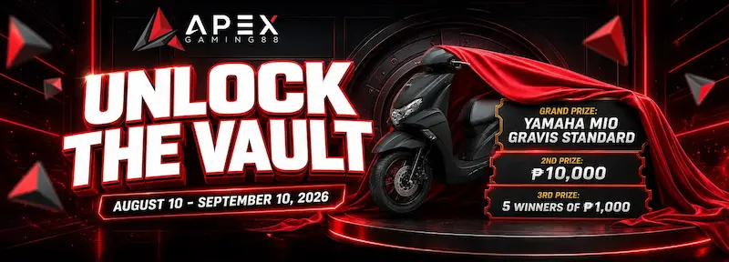 ApexGaming Unlock the Vault promotion featuring a Yamaha Mio Gravis Standard grand prize and cash rewards