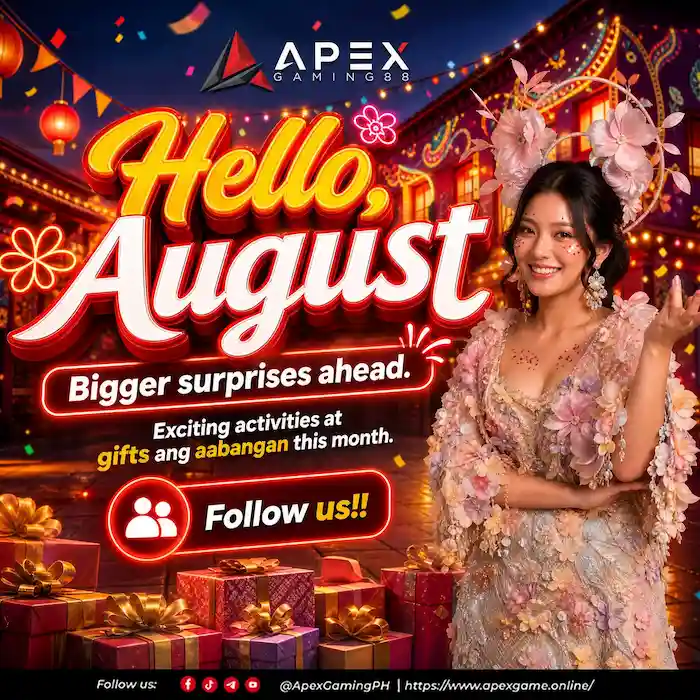 ApexGaming Slots Hello August promotional banner featuring a smiling woman in a floral festival-inspired outfit, colorful gift boxes, lanterns, and festive decorations with a "Follow Us" call-to-action for exciting monthly rewards and slot gaming promotions.