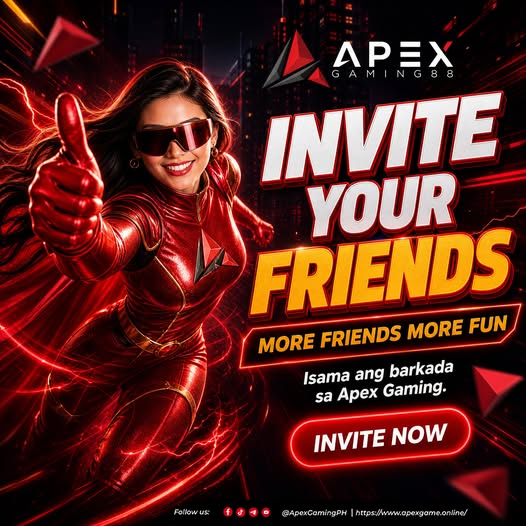 ApexGaming Promotions banner featuring a smiling woman in a red superhero suit giving a thumbs up, encouraging players to invite friends for more rewards with a bold "Invite Your Friends" referral campaign.