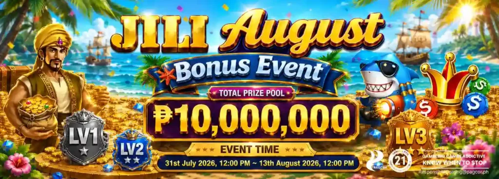 ApexGaming Promotions – JILI August Bonus Event with a ₱10,000,000 prize pool running from July 31 to August 13, 2026 featuring Level 1, Level 2, and Level 3 rewards.