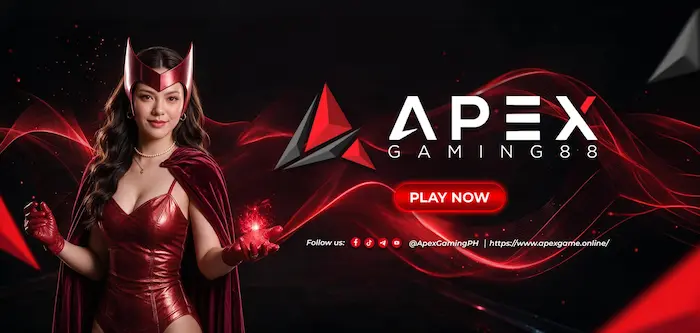 ApexGaming88 promotional banner featuring a woman in a red superhero-inspired costume holding glowing red energy beside the ApexGaming logo, with a prominent "Play Now" button on a black and red futuristic gaming background.
