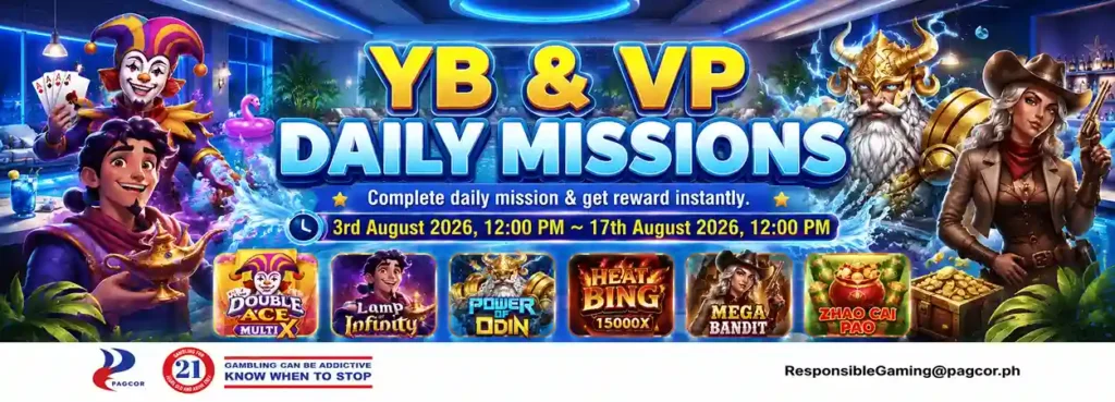 ApexGaming Promotions – YB & VP Daily Missions event with instant rewards from August 3–17, 2026 featuring Double Ace Multi X, Lamp Infinity, Power of Odin, Heat Bing, Mega Bandit, and Zhao Cai Pao.