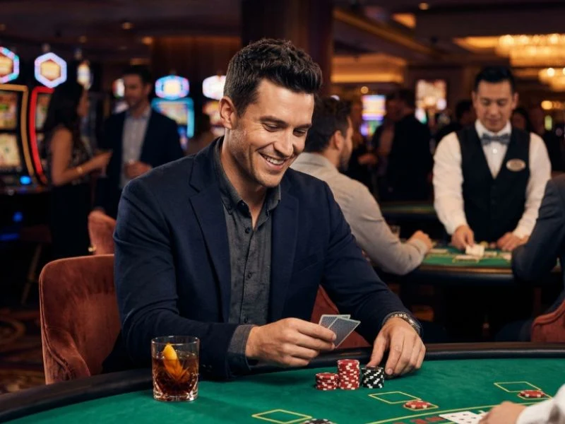 Confident man placing strategic bets at Lodi291 Online Casino live dealer tables.