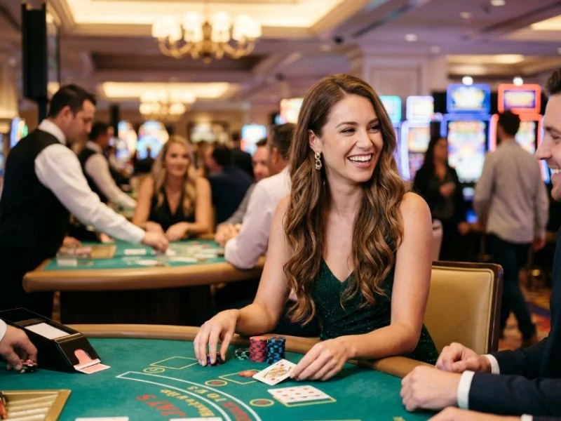 Confident woman exploring different games at Lucky Dragon Online Casino.