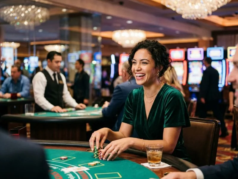 Woman relaxing while enjoying her favorite games at Lucky Dragon Online Casino.