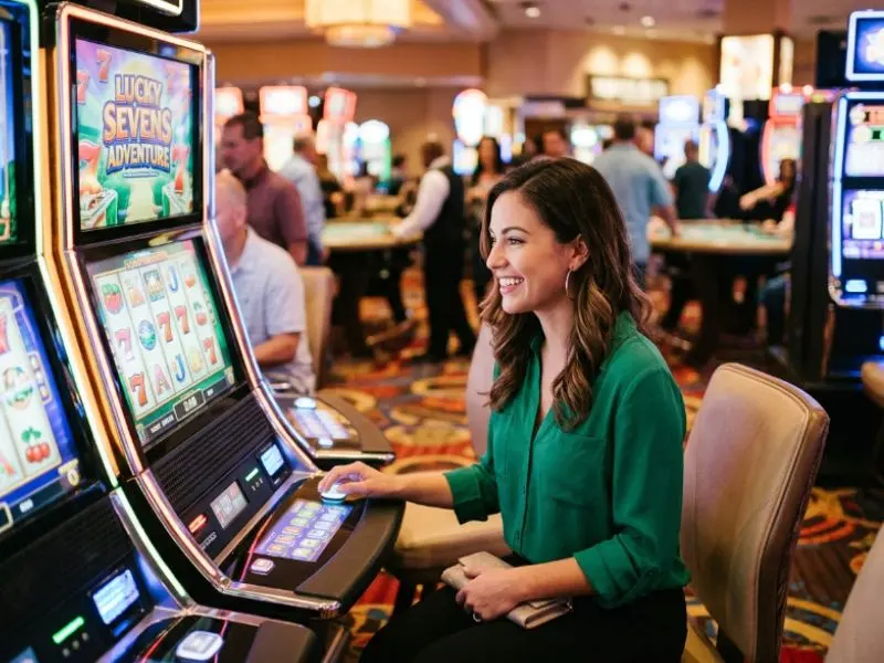 Woman enjoying casino games responsibly with an online casino no deposit bonus.