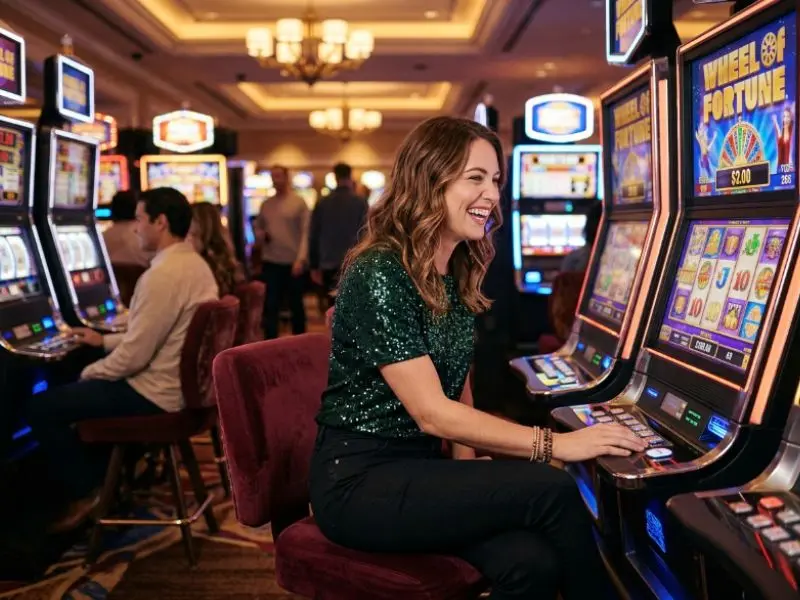 Woman confidently placing bets in a table game online casino while staying calm and focused.