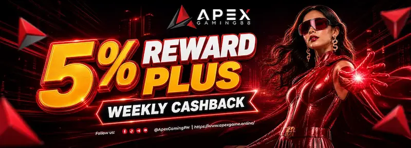 ApexGaming Promotions 5% reward plus weekly cashback banner