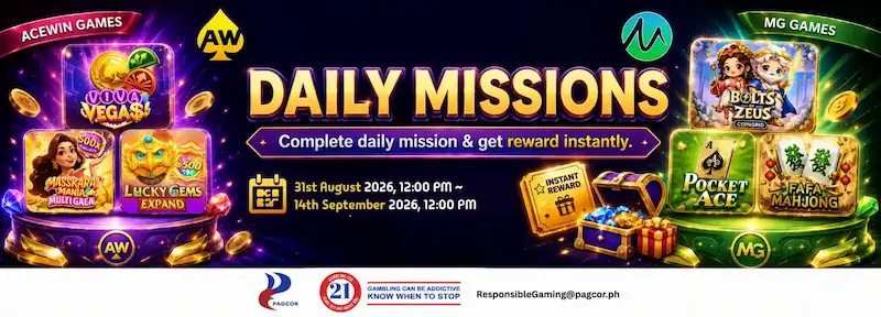ApexGaming Promotions banner featuring Acewin Games and MG Games daily missions with instant rewards