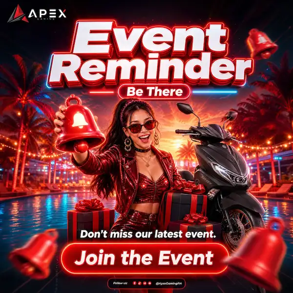 Games at ApexGaming event reminder featuring a woman with a bell, gifts, and a scooter