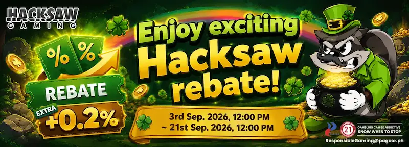 ApexGaming Promotions Hacksaw rebate offering an extra 0.2% rebate with a green gaming-themed promotional design.