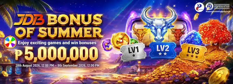ApexGaming Promotions JDB Bonus of Summer featuring ₱5,000,000 in bonuses, colorful gaming-themed graphics, and three reward levels.